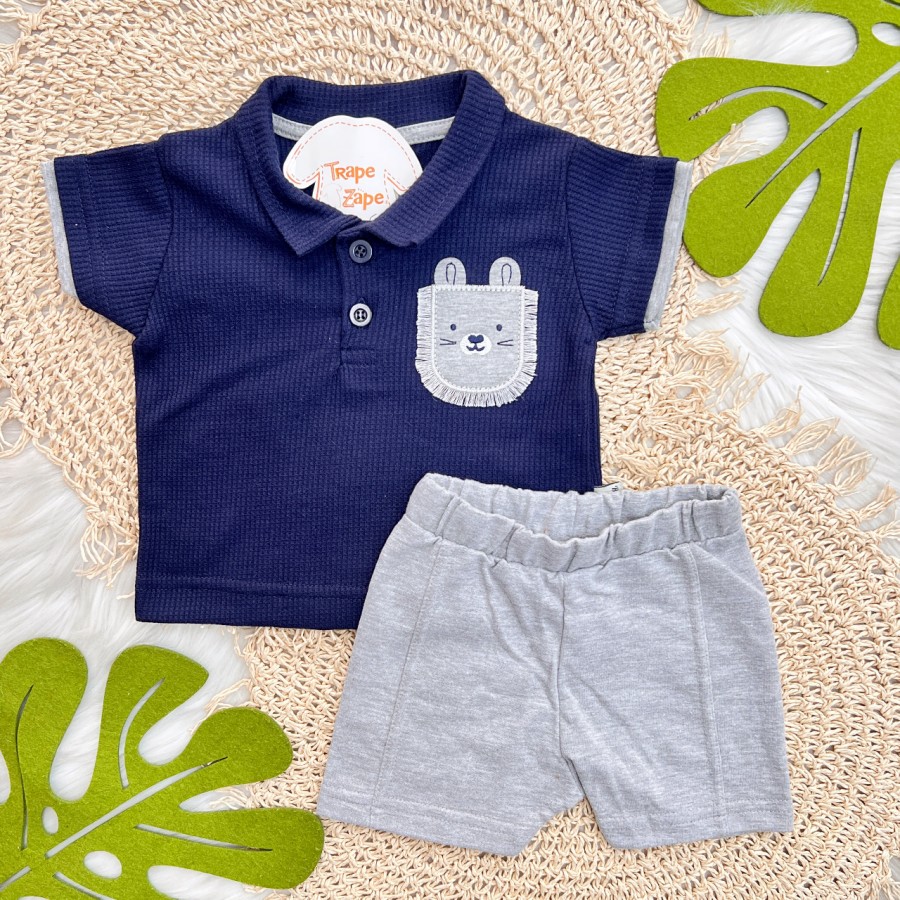 Conj. Camisa Gola Polo Leãozinho e Bermuda - Marinho e Mescla